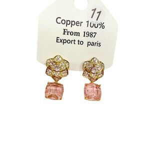 Austrian Pink Crystal Flower Stud Earrings Gold Plated drop dangle Vintage gift